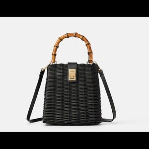 Black Straw Bamboo Handle Bag
